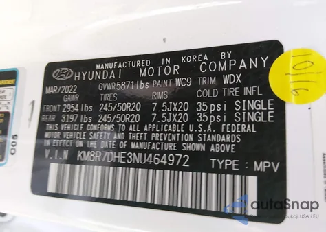 2022 Hyundai Palisade Calligraphy z USA, uszkodzony, nr VIN KM8R7DHE3NU464972